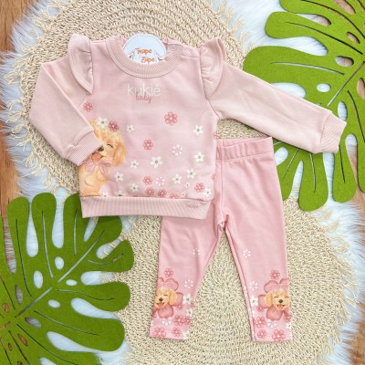 Conj. Casaco de Moletom Doguinha com Flores e Calça Legging - Rose